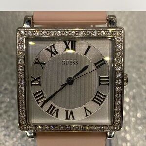 ^^^ GUESS  *** Silver “ Iced Crystal-Trim Square Watch ** Plush  Pink Strap ^^^